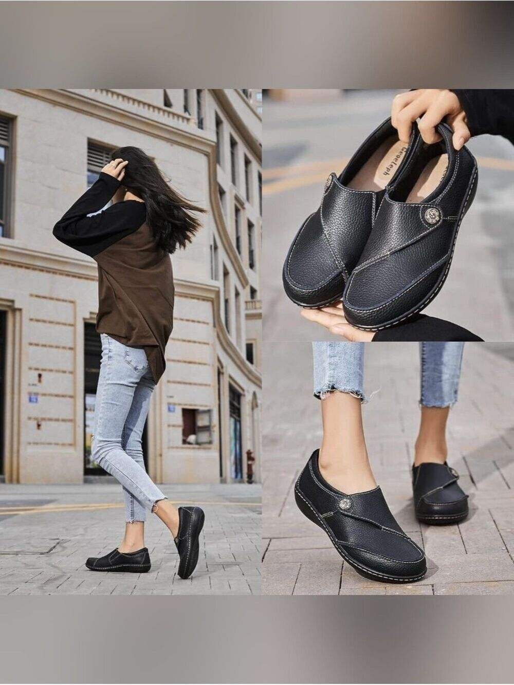 Geoeleph women's black pebbled leather casual slip-on loafers - Picture 6 of 9